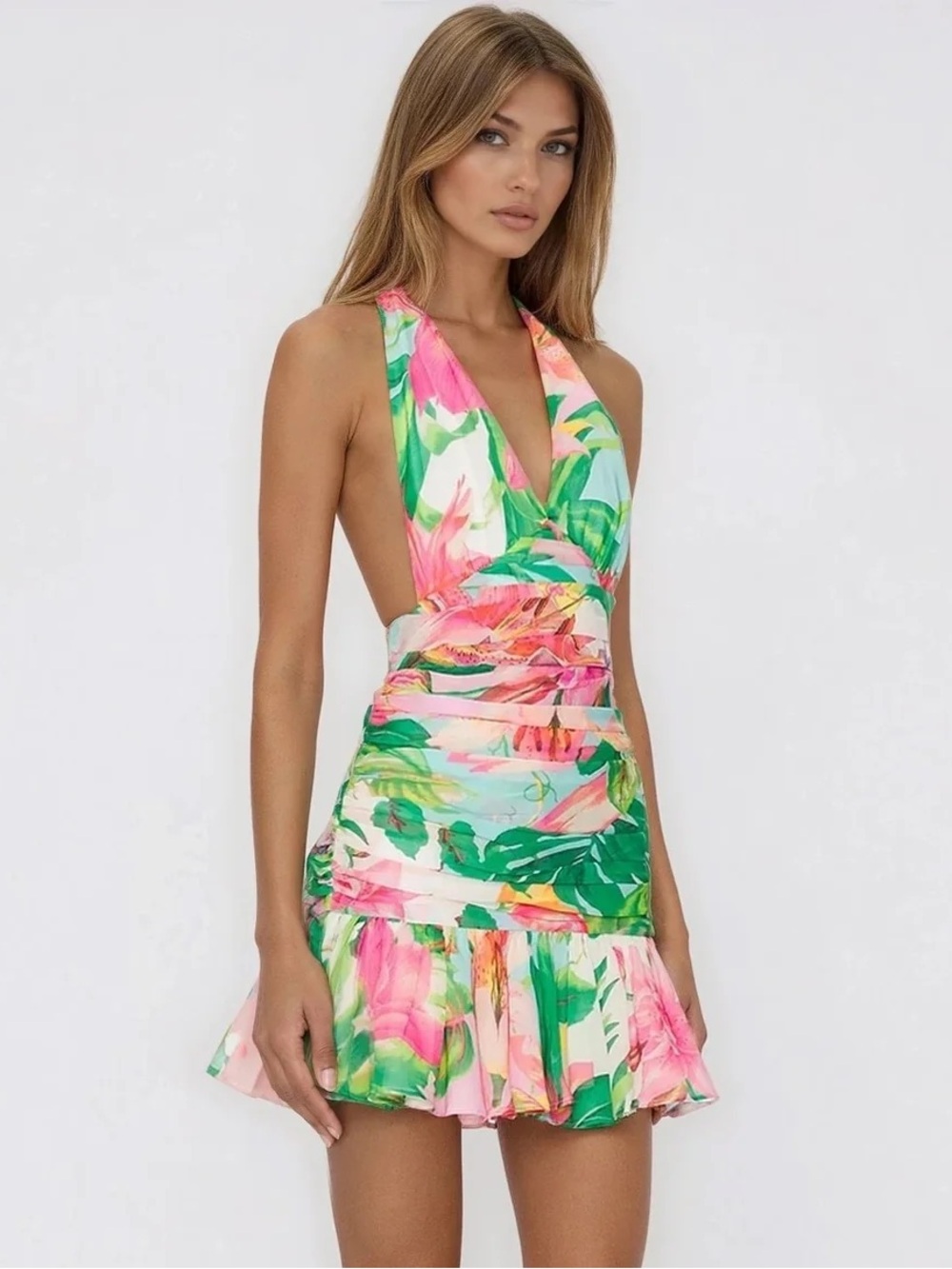 Bardot Pastel Floral Halter Ruched Mini Dress